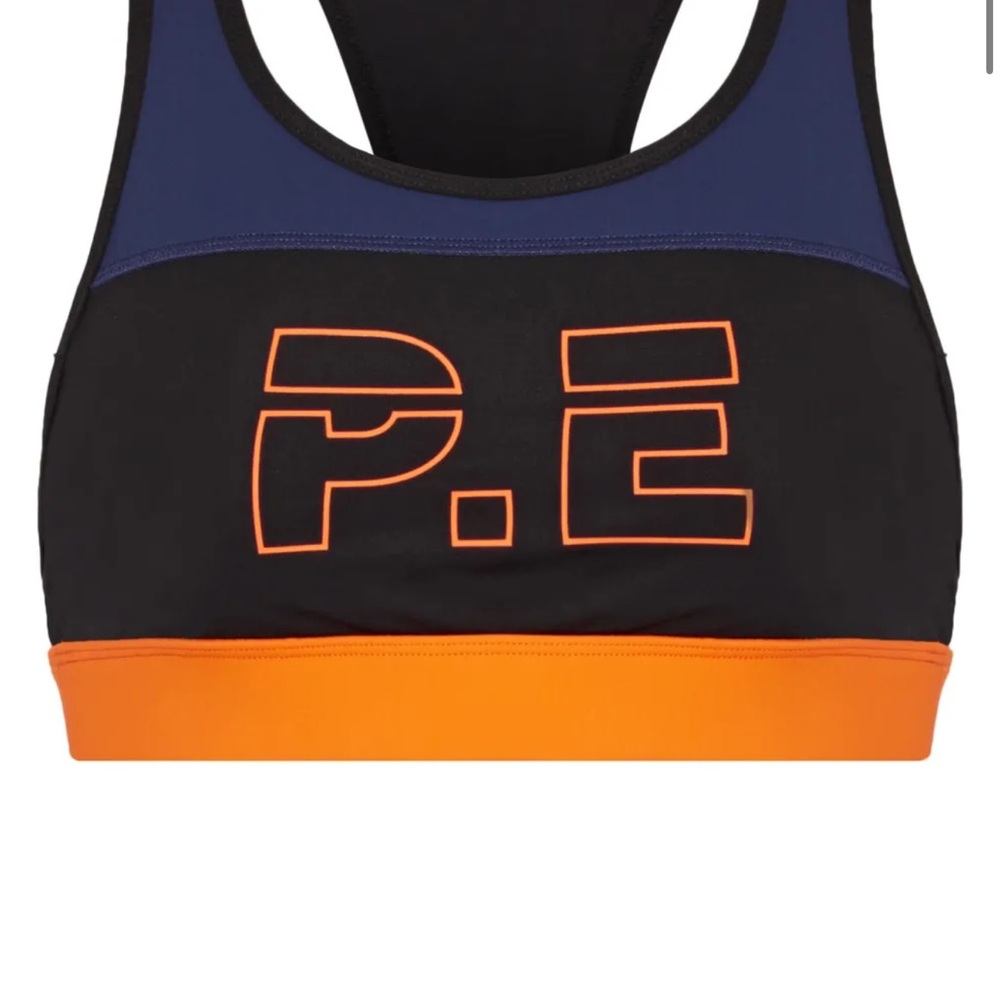 P.E Nation Black and Blue Sports Bra with Orange Trim